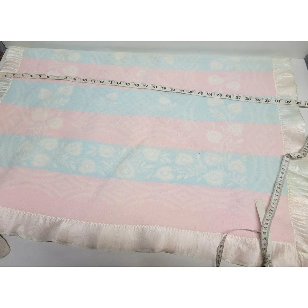 Vintage Pink Blue Striped‎ Floral Fleece Baby Blanket Satin Ruffle Trim 33x44